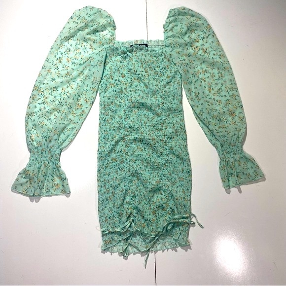 Roll’n Deep Clothing Company BlueishGreen Smocked  Ballon Sleeves Floral Dress L - Picture 2 of 13